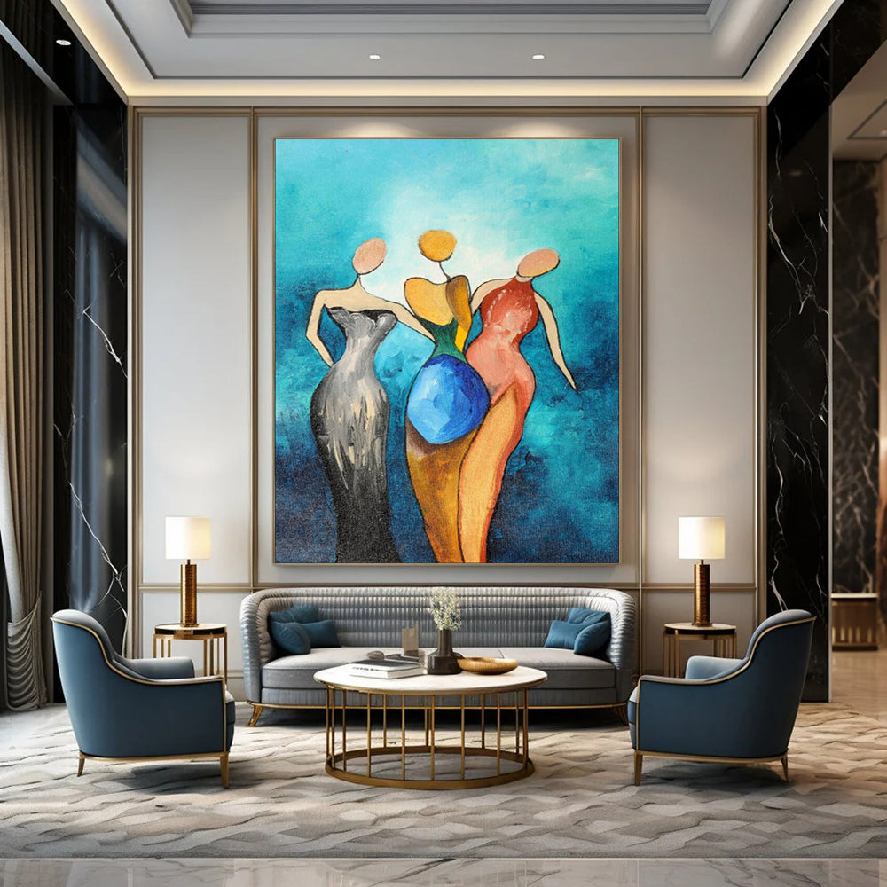 Turquoise, Multi - colored Figures - "Sisterhood in Hues" - Abstract Figurative Painting CT1813