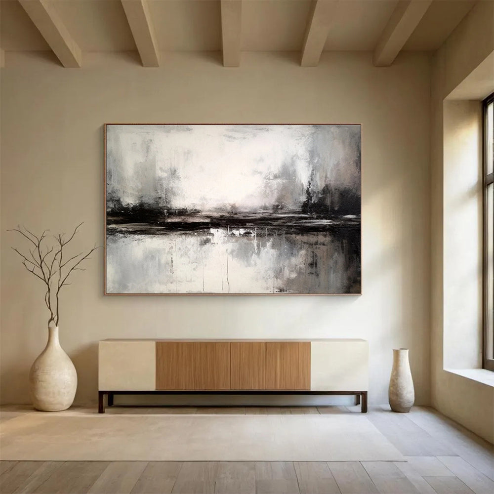 Black and White Abstract Landscape “Moody Monochrome Horizon” Painting On Canvas DKH153