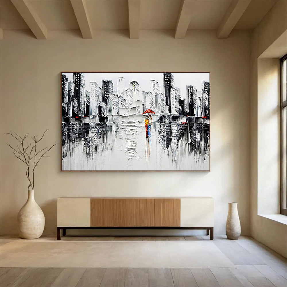 Monochrome City Stroll - Gray, White & Red Urban Painting On Canvas DKH895