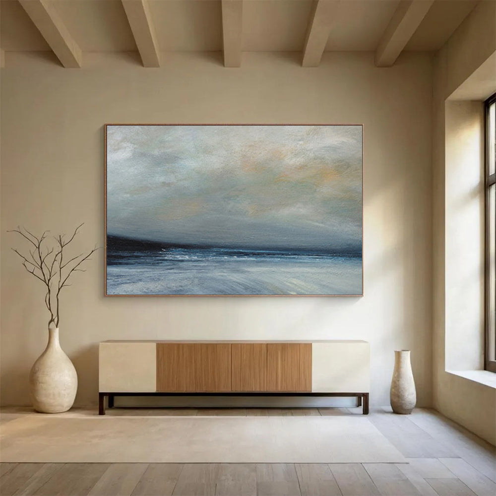“Gray, Blue, Misty Ocean ‘Moody Maritime’” - Impressionist Seascape Painting On Canvas DLZ022