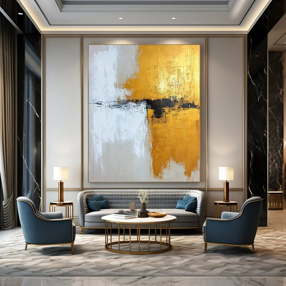 “Gold, Black & White Abstract” - Abstract Painting CT2371