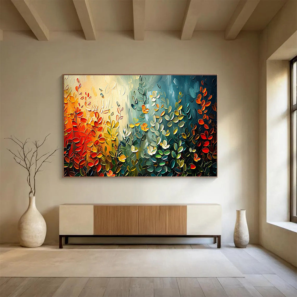 “Textured Foliage Symphony” - Multicolor, 3D - like Leaf Impasto Painting On Canvas DKH711