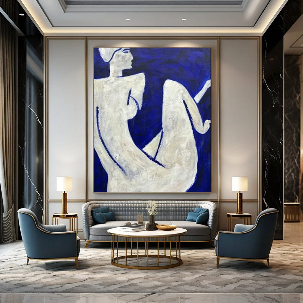 “White Figures On Blue Background” - Figurative Abstract Painting On Canvas CT2329