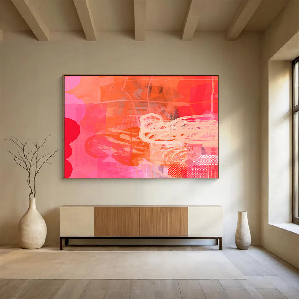 Pink and Orange Abstract - Bold Hues and Expressive Marks Painting On Canvas DKH067
