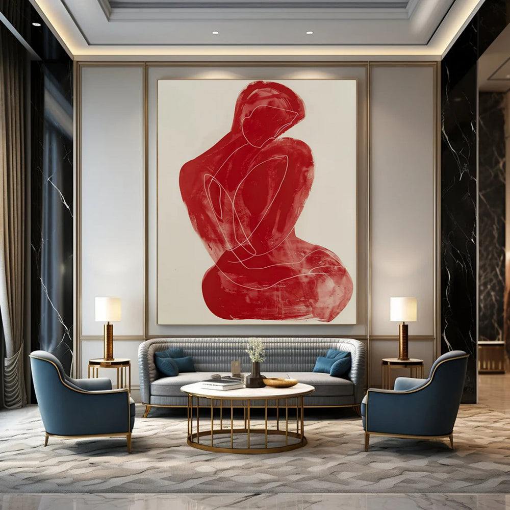 “Red Line Figure” - Minimalist Abstract Figure Painting On Canvas CT2228