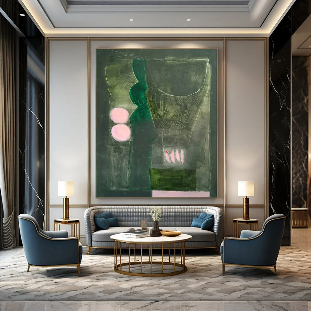 Green, Grey, Pink Accents - "Mystic Stillness" - Abstract Surrealist Painting CT1846