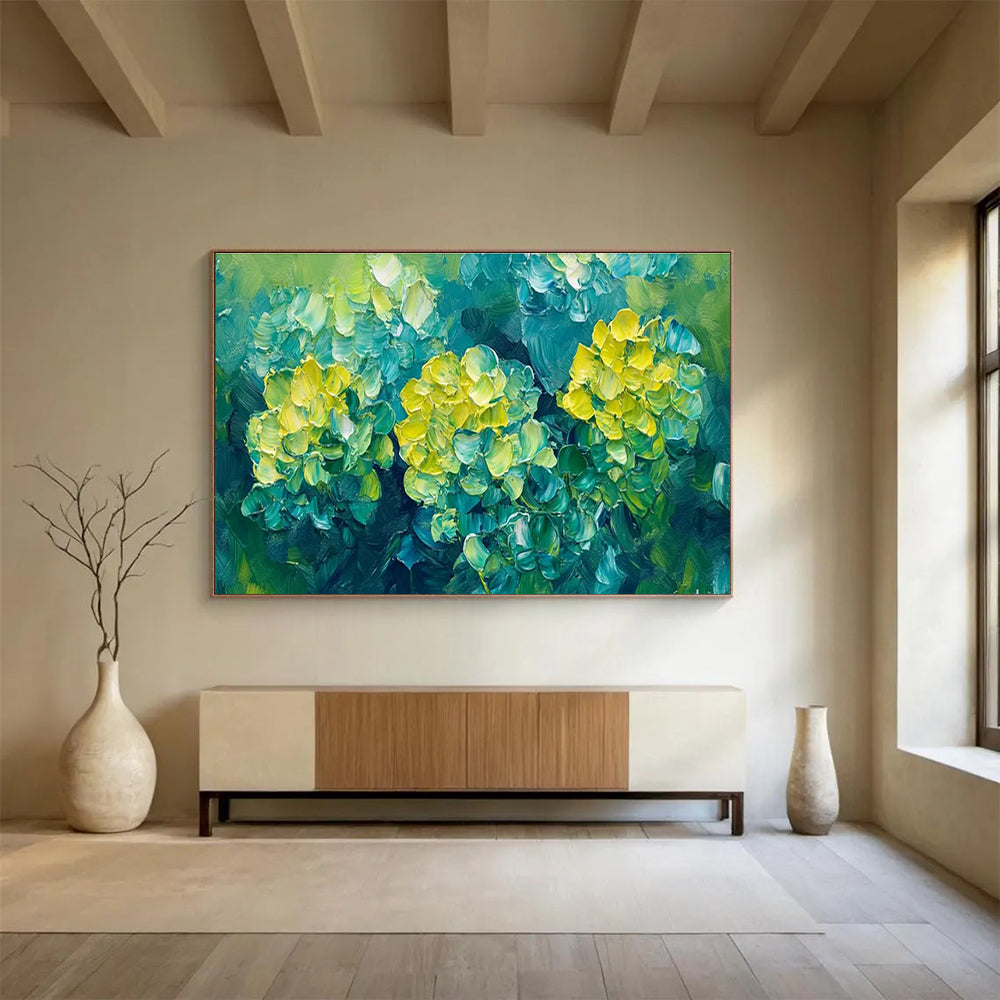 “Impasto Yellow Flowers on Green” - Fresh Botanical Painting On Canvas DKH799
