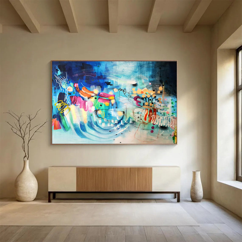 Blue Abstract with Colorful Forms - Eclectic Shapes and Lively Marks Painting On Canvas DKH064