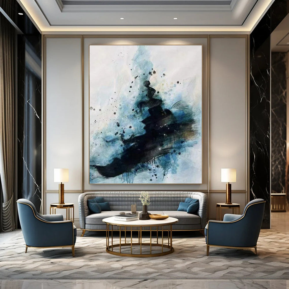 Black, Blue & White Splattered Ink Vibe - Abstract Painting On Canvas CT2306
