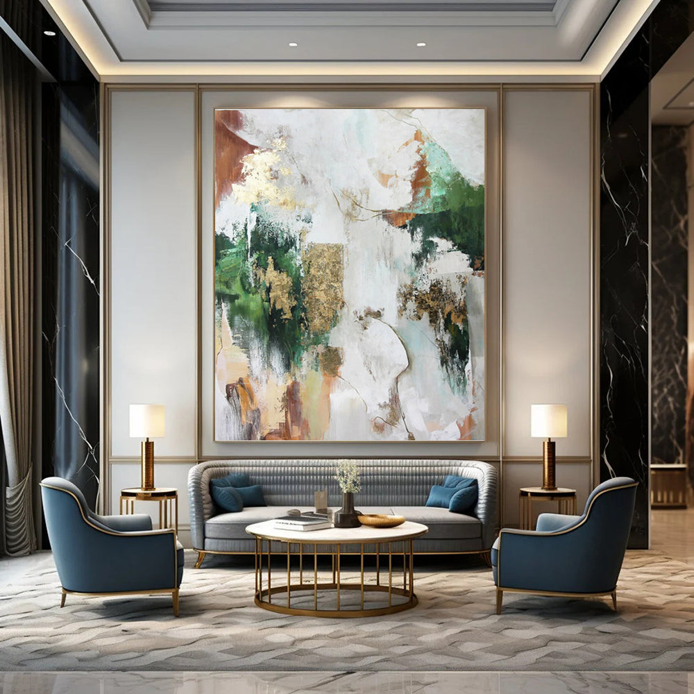 “Multicolor Abstract with Gold” - Green, Gold, Brown & White Eclectic Painting On Canvas DKH1011