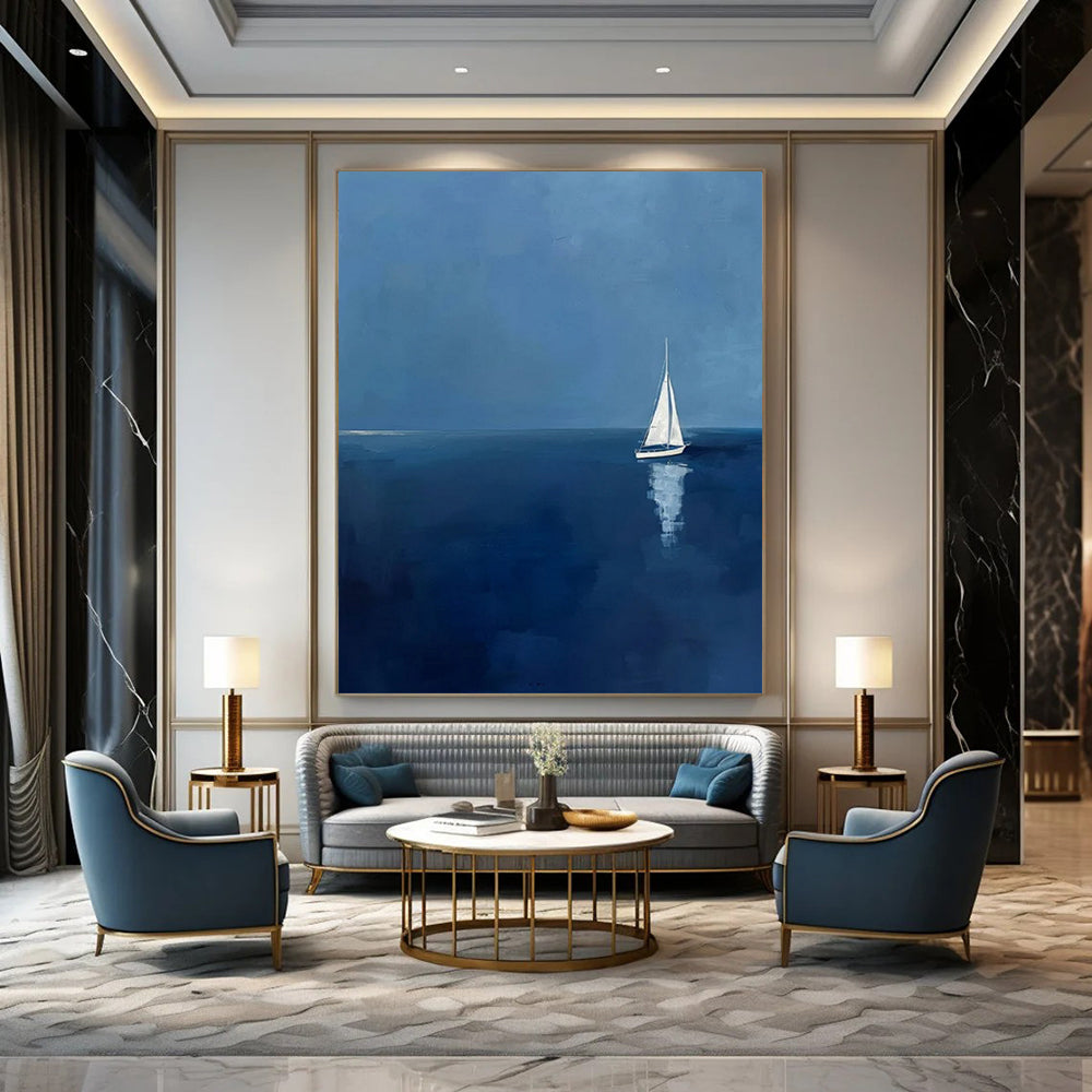 “Sailboat at Sea” - Blue & White Seascape Painting On Canvas CT2230