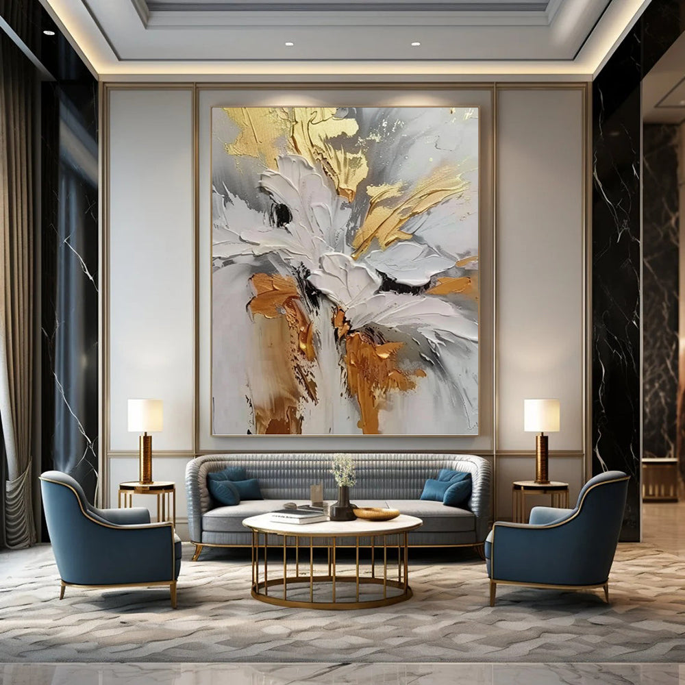Gold, Gray and White Floral Impasto - Textured Flower Painting On Canvas DKH1386