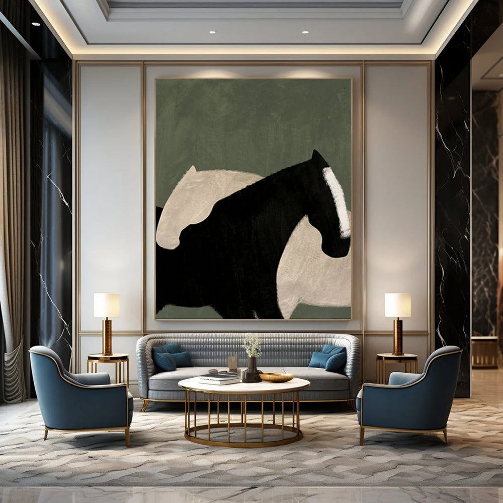 Abstract Black and White Horse Silhouettes - Equine Painting On Canvas DKH1411