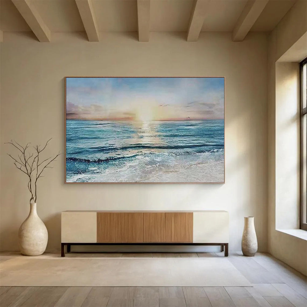 “Sunset Sea Serenity” - Orange, Pink & Blue Realist Seascape Painting On Canvas DLZ258