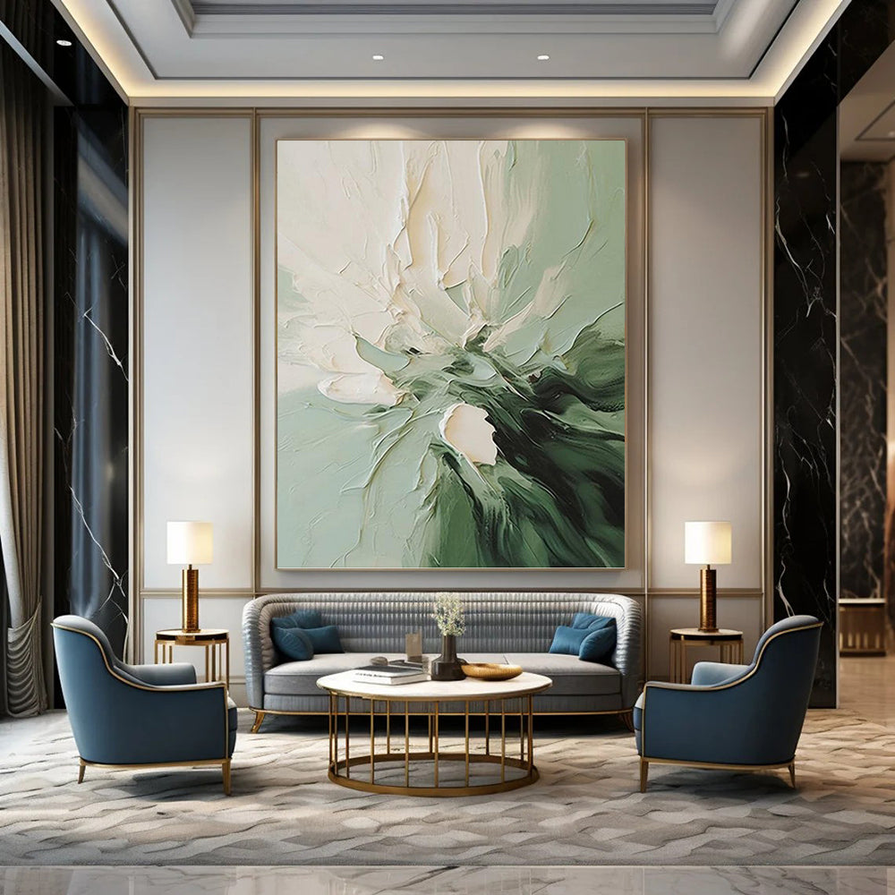 “Green & White Floral Impasto” - Green & White Textured Flower Painting On Canvas DKH1185