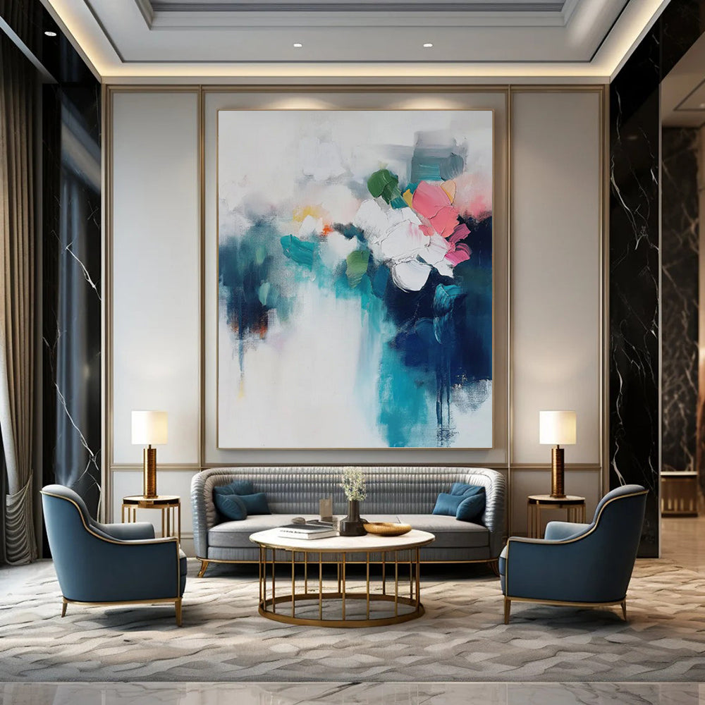 “Colorful Abstract Floral Bouquet” - Blue, White, Pink & Green Impressionistic Flower Painting On Canvas DKH0996