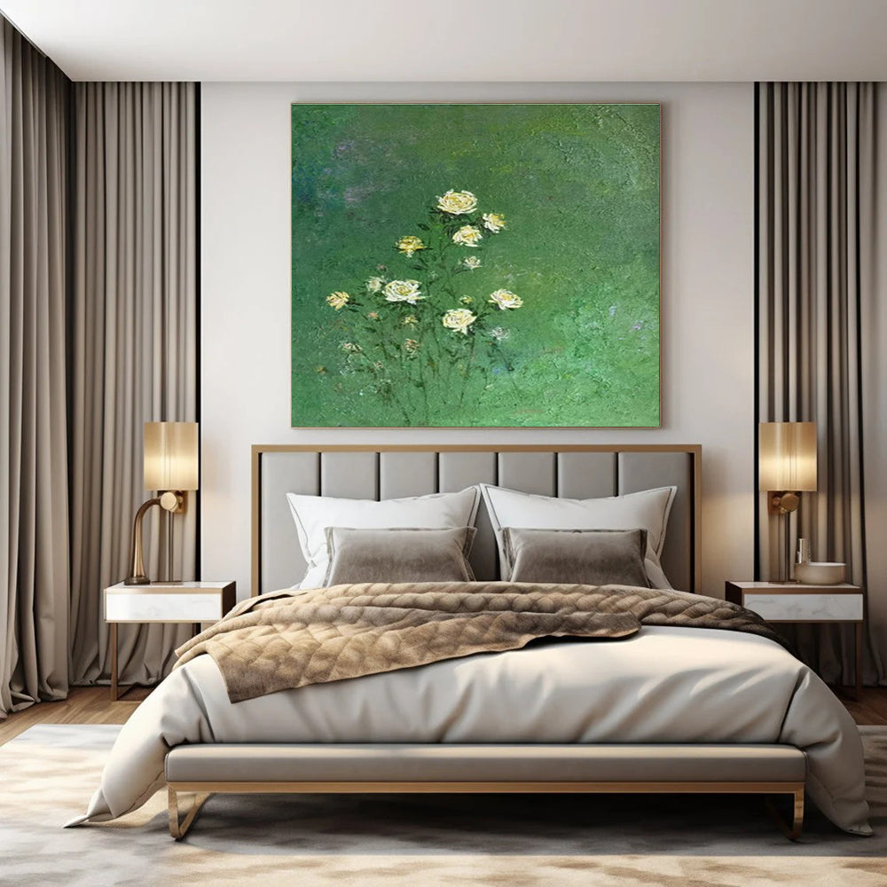Green Background, White Flowers - "Whispering Blooms" - Impressionistic Oil Painting CT1453
