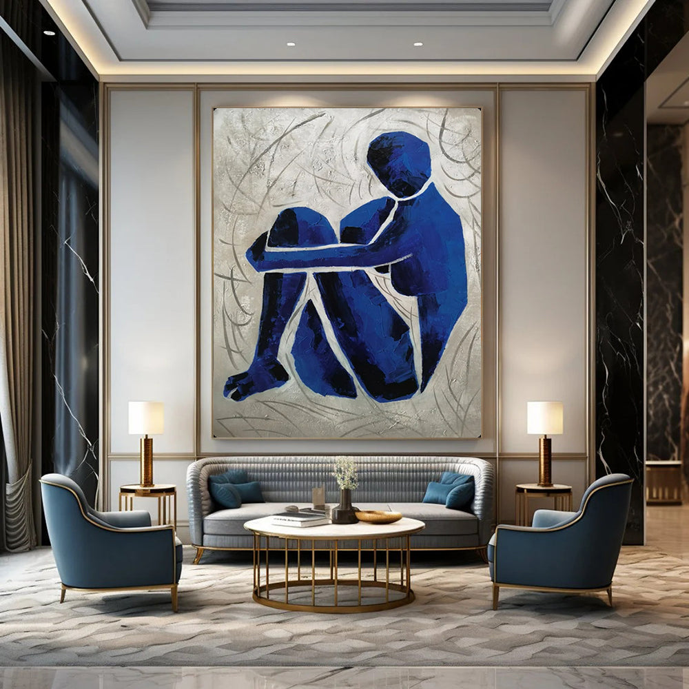 “Blue Contemplative Figure” – Expressionistic Oil Painting On Canvas CT2166