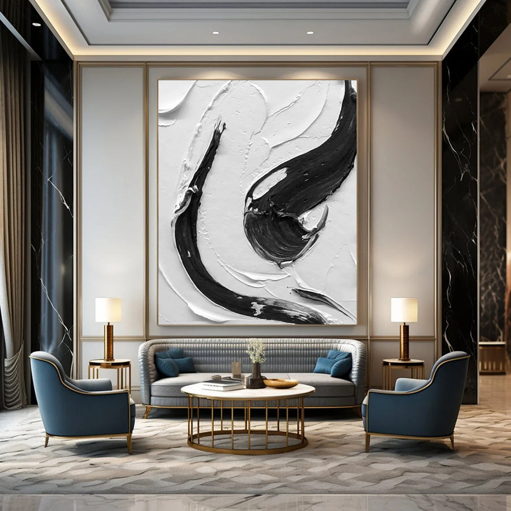 “Black, White Textured Swirls ‘Dynamic Balance’” - Impasto Abstract Painting On Canvas DTP377