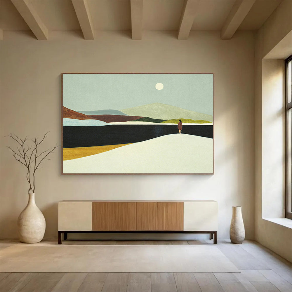 “Moonlit Wanderer” - Green, Brown, White Minimalist Landscape Painting On Canvas DKH739