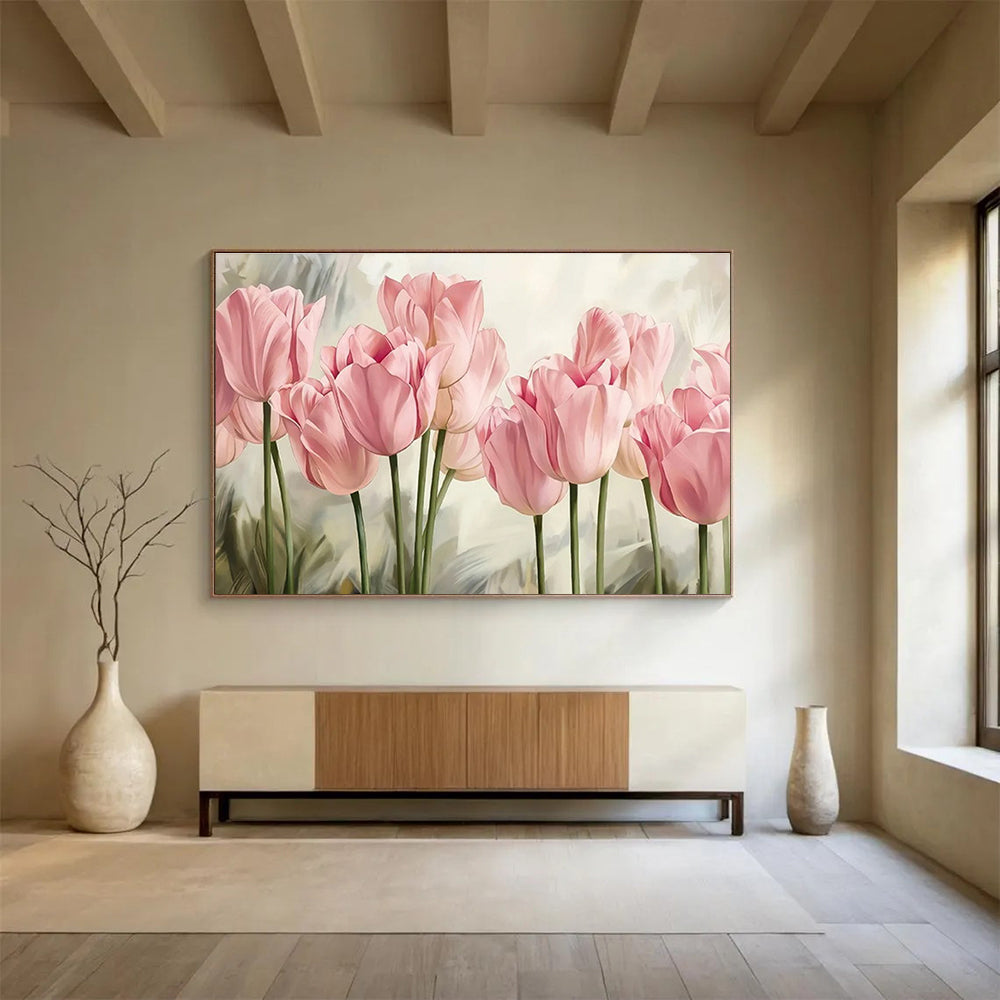 Realistic Pink Tulips - Pink & Green Floral Painting On Canvas DKH898
