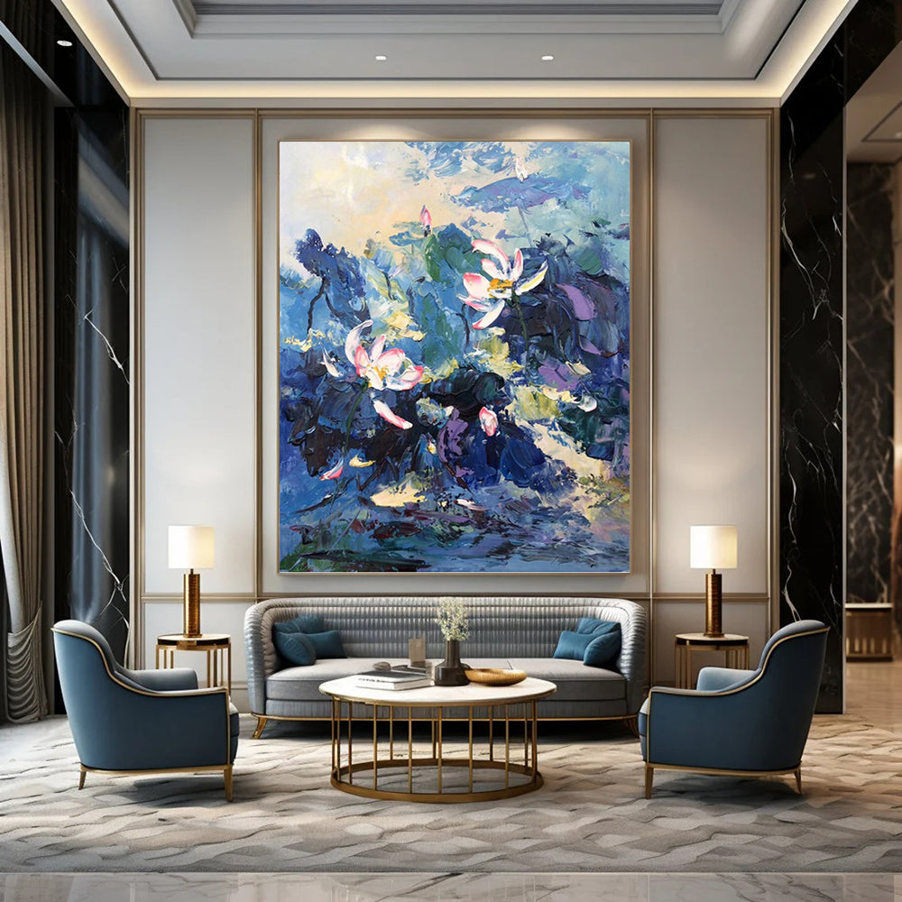 Impasto Lotus in Blue Hues - Impressionistic Floral Painting On Canvas DKH1298