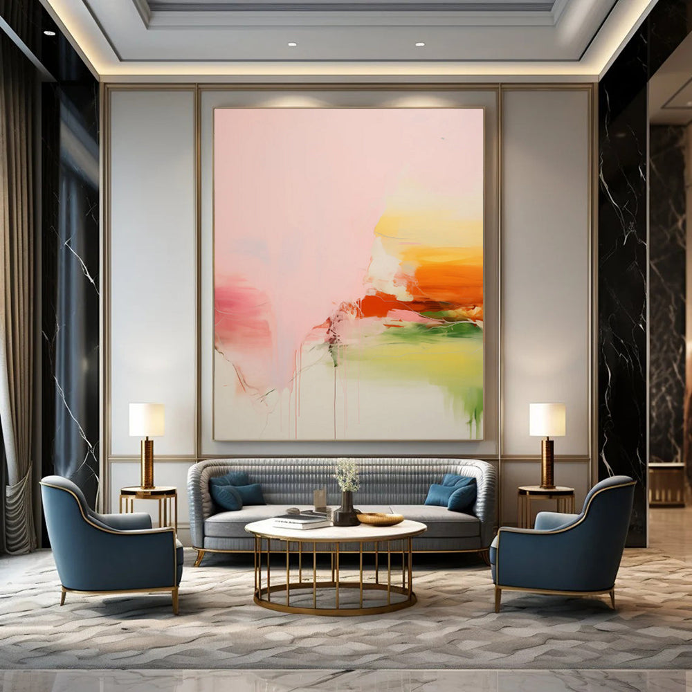 “Pink, Orange & Green Fluid Abstract Drip” Painting On Canvas DKH0991
