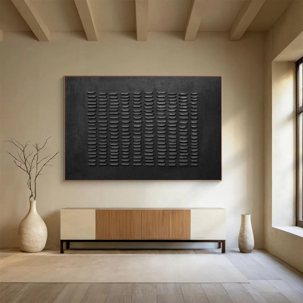 Textured Black Abstract “Tactile Black Grid” Painting On Canvas DKH089