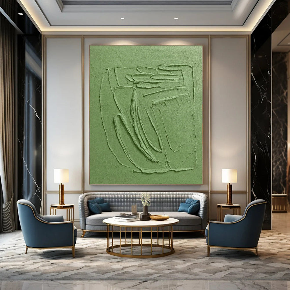 Green Textured Relief - Minimalist Textured Sculptural Painting On Canvas CT2281
