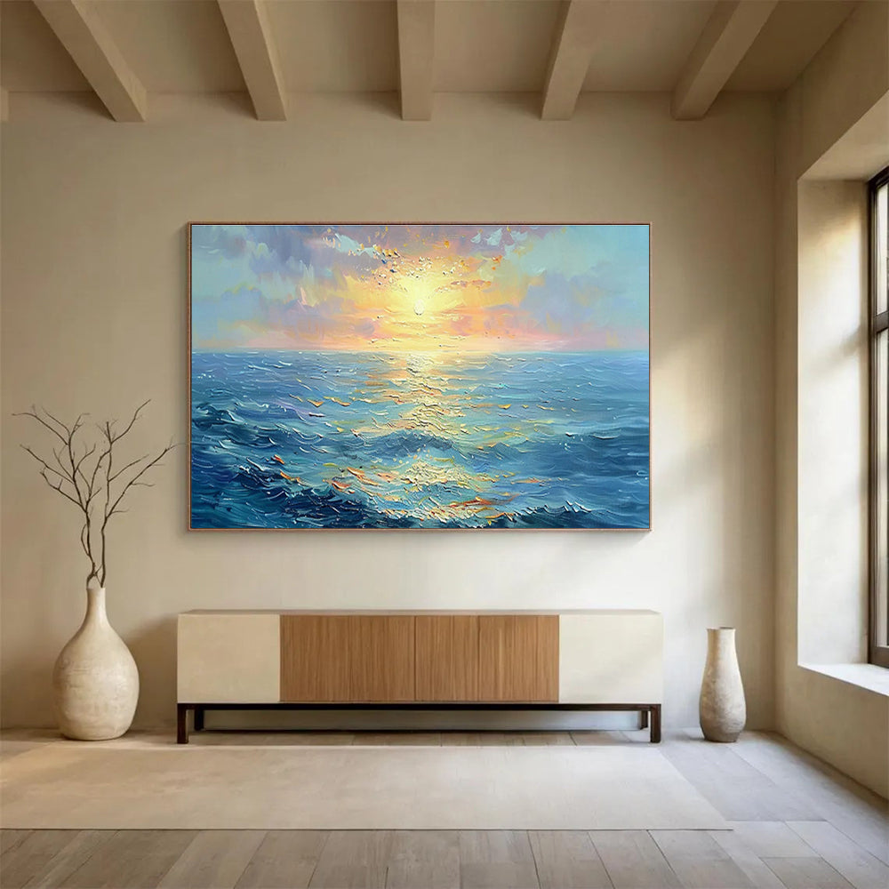 “Sunset Sea Sparkle” - Blue, Orange, Yellow Impressionistic Seascape Painting On Canvas DKH760