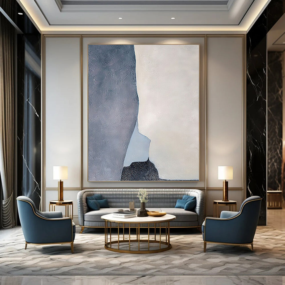 “Geometric Calm” - Gray, White & Light Blue Abstract Shapes Painting On Canvas DKH1539