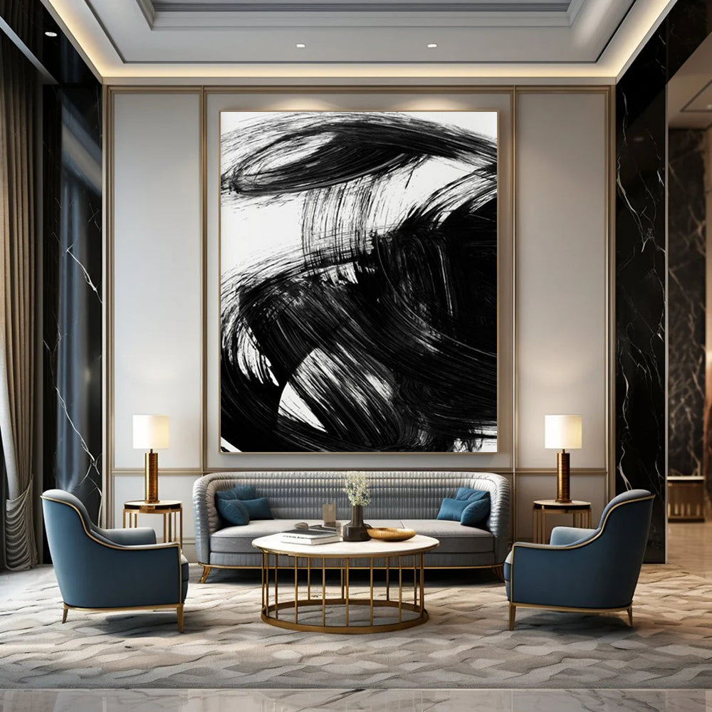 “Dynamic Black Ink Swirl” - Bold Black Ink Abstract Painting On Canvas DTP195