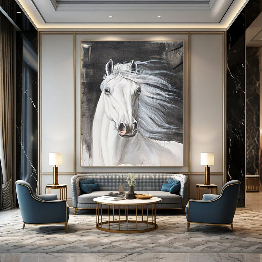 “Majestic Steed” - White Horse with Gray Background Realistic Painting On Canvas DKH1529