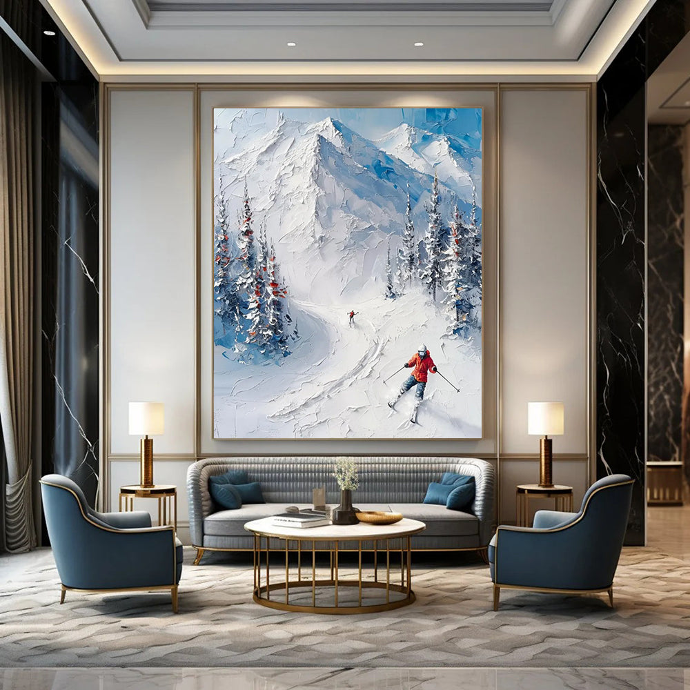 “White, Blue, Green Snowy Mountain ‘Ski Adventure’” - Impasto Landscape Painting On Canvas DTP313