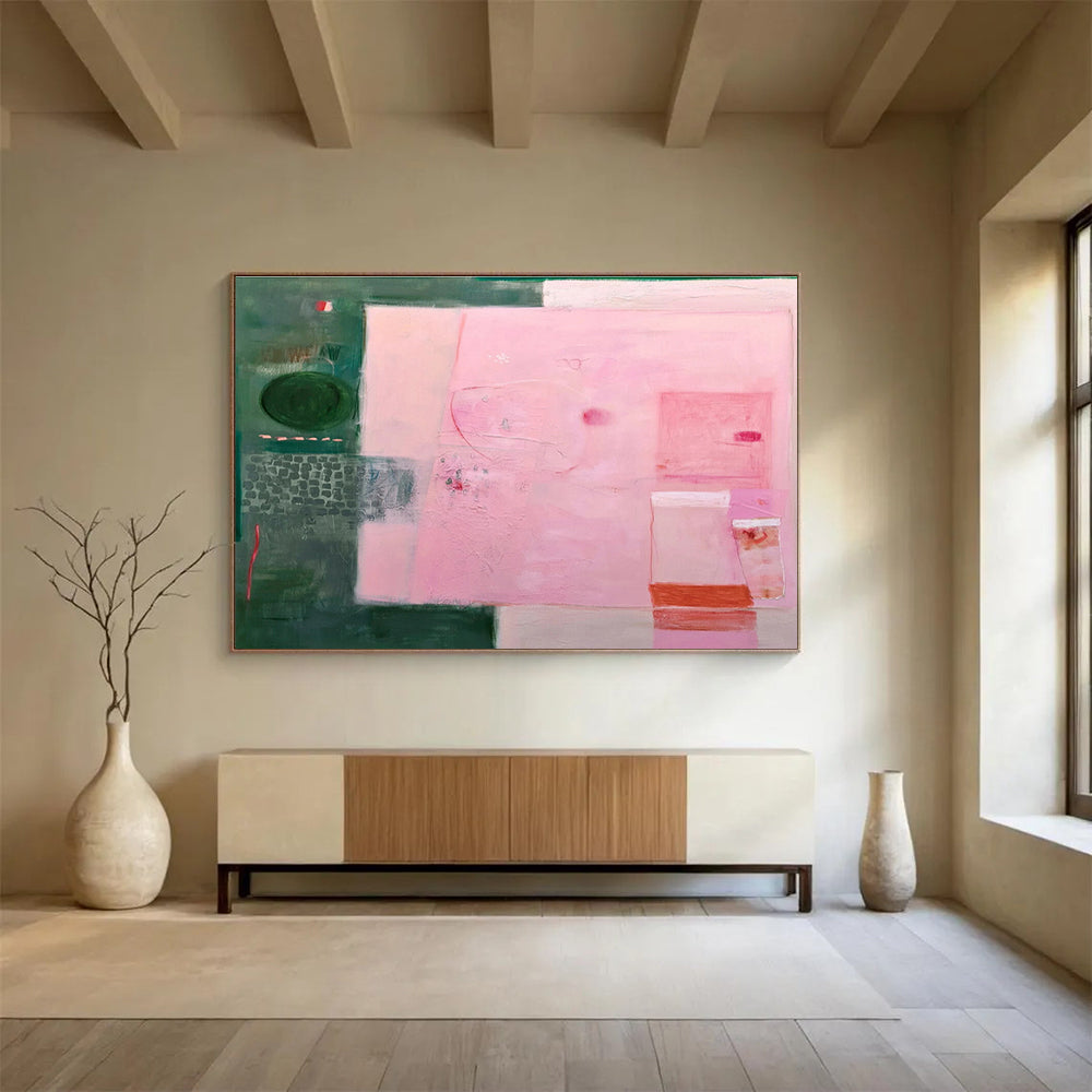 Abstract with Pink and Green - Layered Textures and Subtle Details Painting On Canvas DKH060