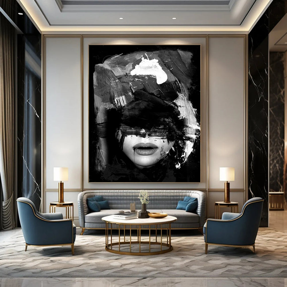 “Black - White Abstract Portrait” - Black, White Abstract Figure Painting On Canvas DTP232