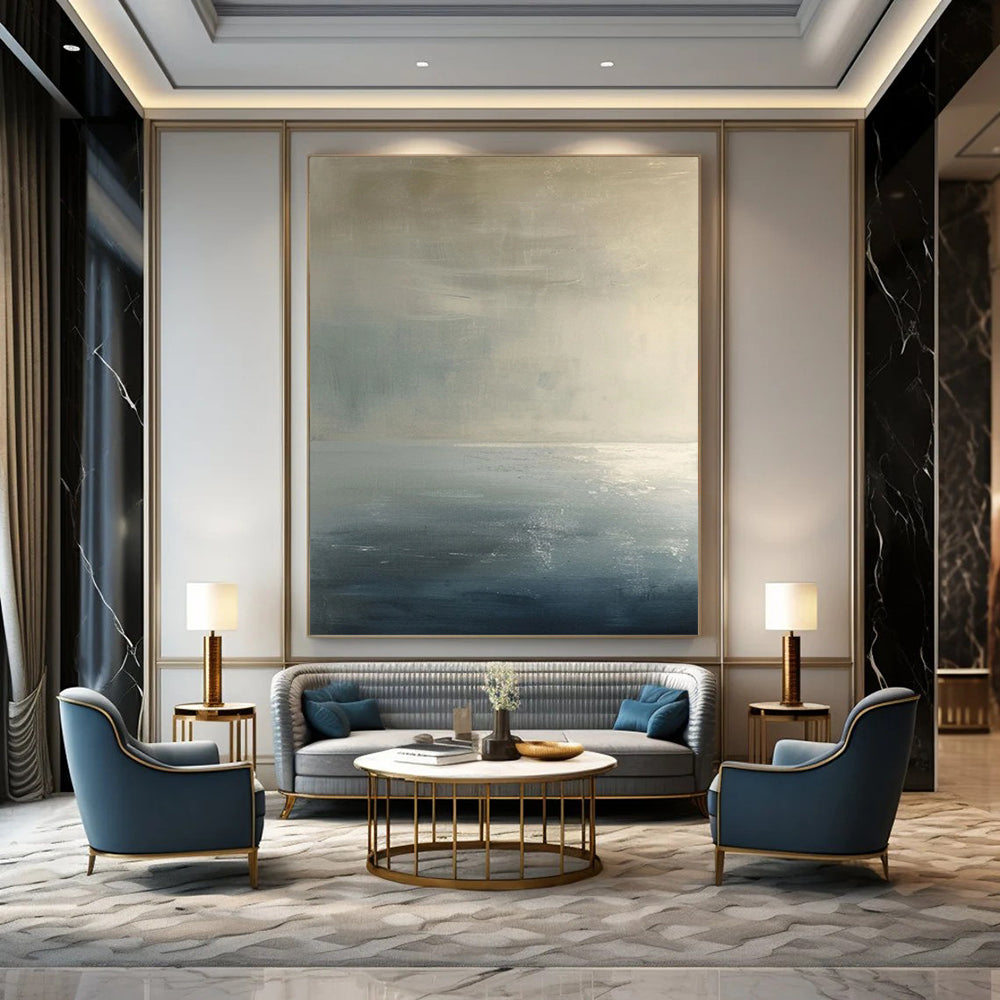 “Monochrome Abstract Horizon” - Gray, Blue, White Calm Layers Painting On Canvas DTP299