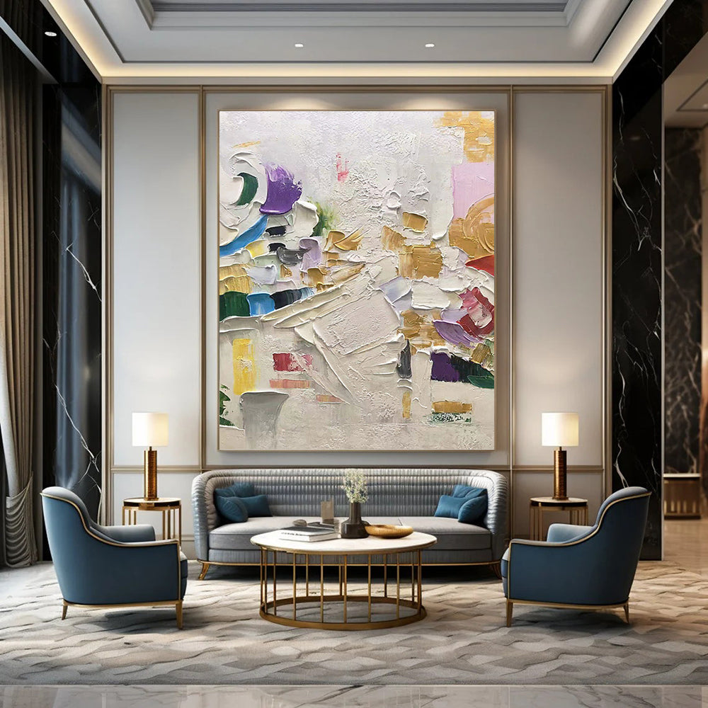 “Vibrant Impasto Mosaic” - White, Gold, Purple, Blue & Red Lively Textured Painting On Canvas DKH1035