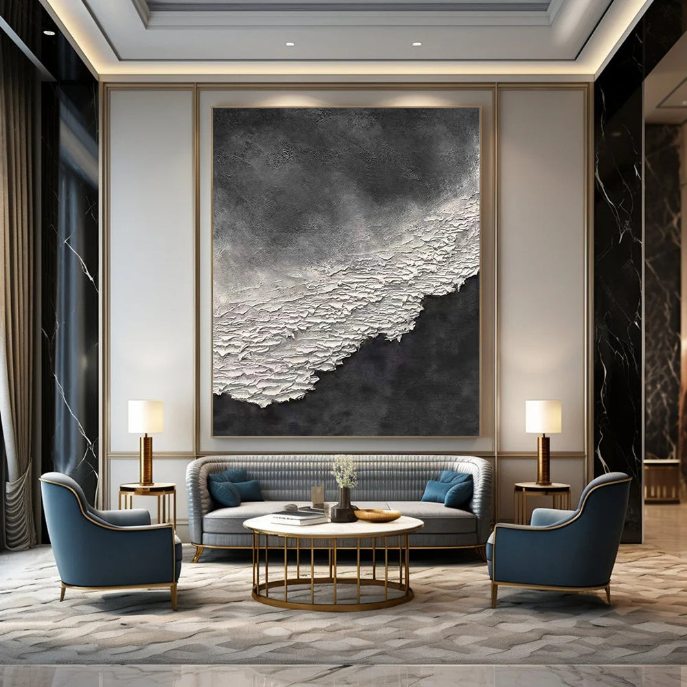 “Black, White Textured Contrast ‘Shadow & Light’” - Impasto Abstract Painting On Canvas DTP339