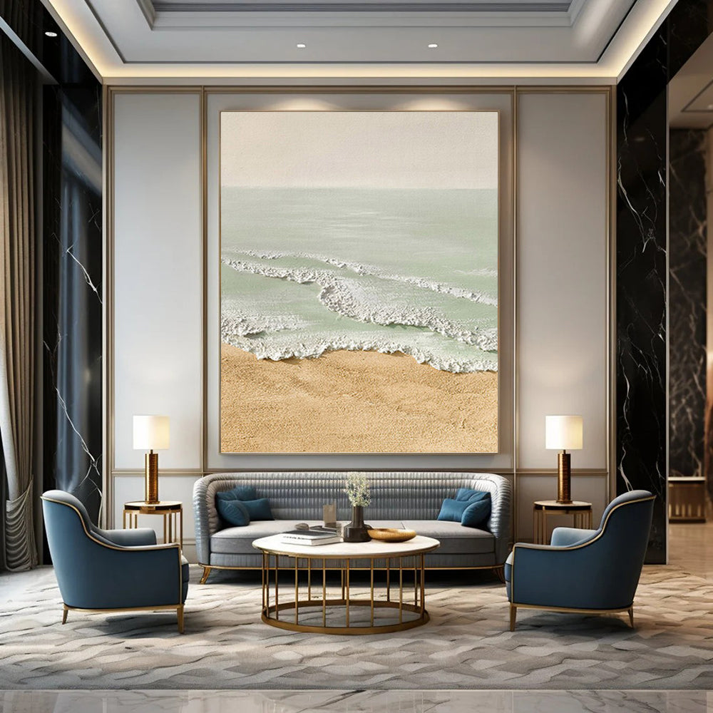 Textured Beach Scene in Beige and Green - Landscape Painting On Canvas DKH1489