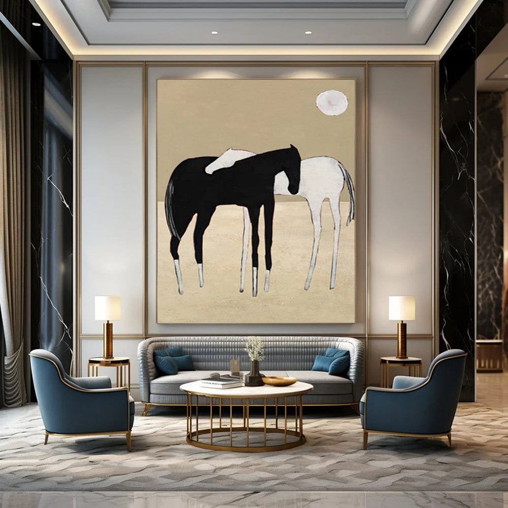 Minimalist Black and White Horses - Abstract Equine Painting On Canvas DKH1410