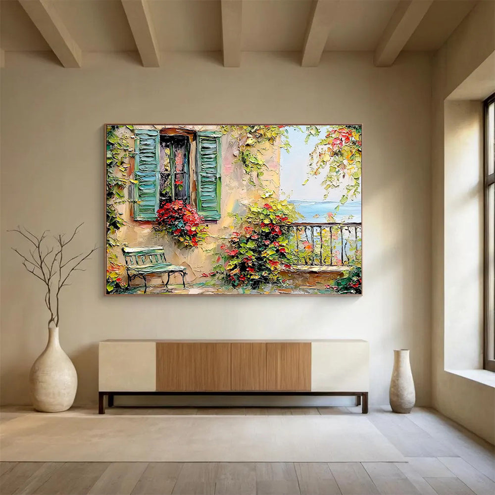 “Mediterranean Escape” - Green, Yellow, Red Floral & Architectural Oil Painting On Canvas DKH692