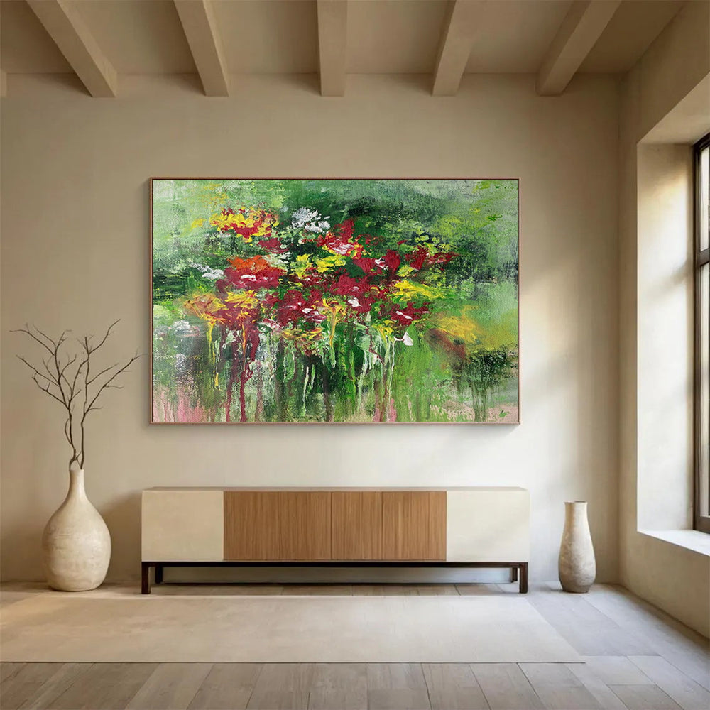 “Impressionistic Floral Burst - Vivid Reds, Yellows, and Greens” Painting On Canvas DKH014