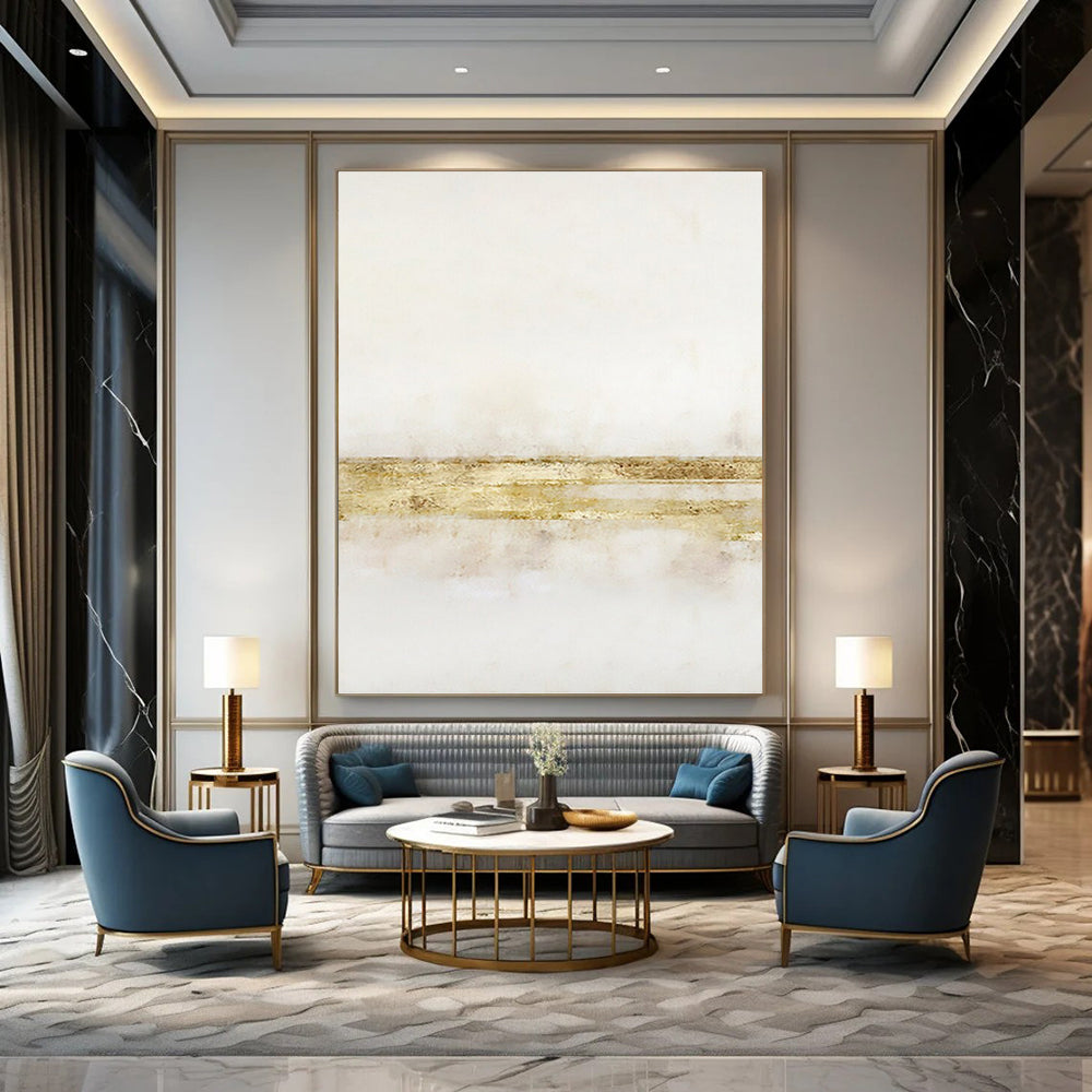“Gilded Simplicity” - White & Gold Minimalist Stripes Painting On Canvas DKH1538