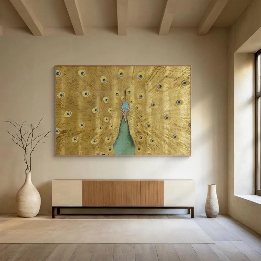 “Golden Peacock Display” - Gold, Blue, Green Realistic Bird Painting On Canvas DKH740