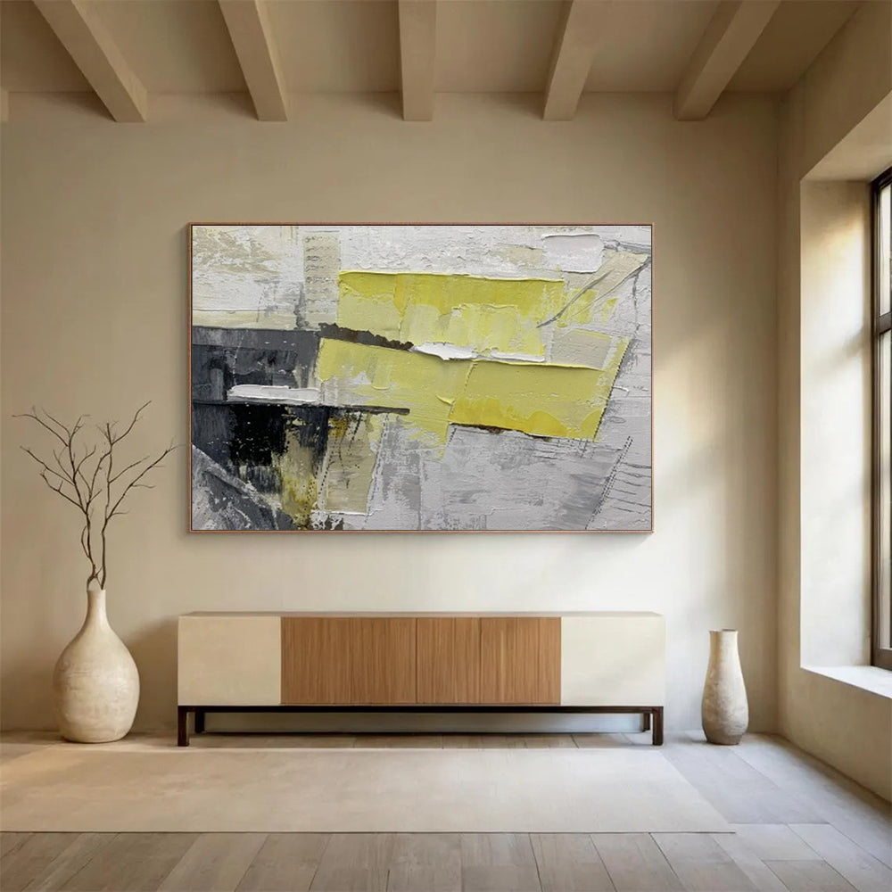 Bold Yellow and Gray Collage - Abstract Mixed - Media Painting On Canvas DKH595