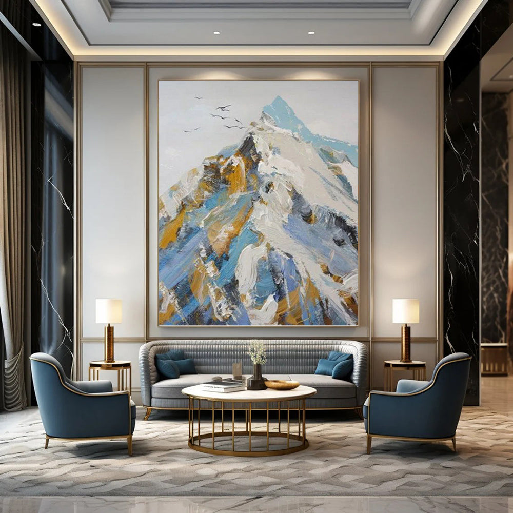 “Colorful Mountain Impasto” - Blue, White & Gold Textured Landscape Painting On Canvas DKH0955