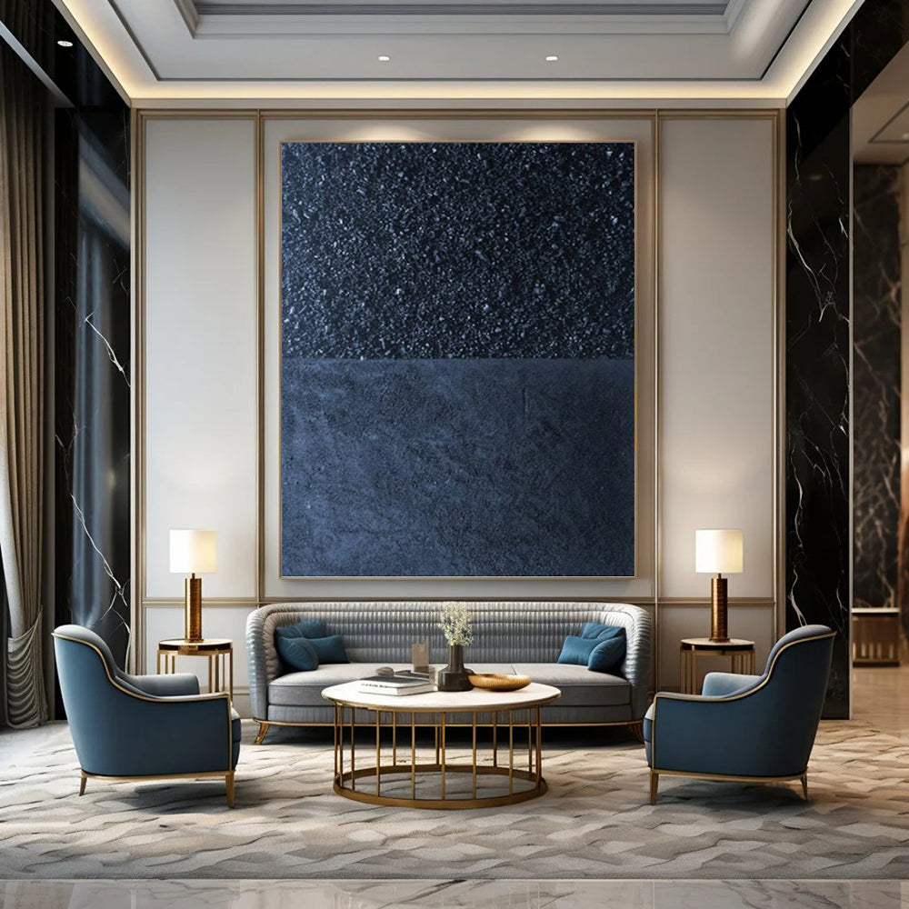 Two - Tone Black & Dark Blue - Minimalist Textured Painting On Canvas DKH1247