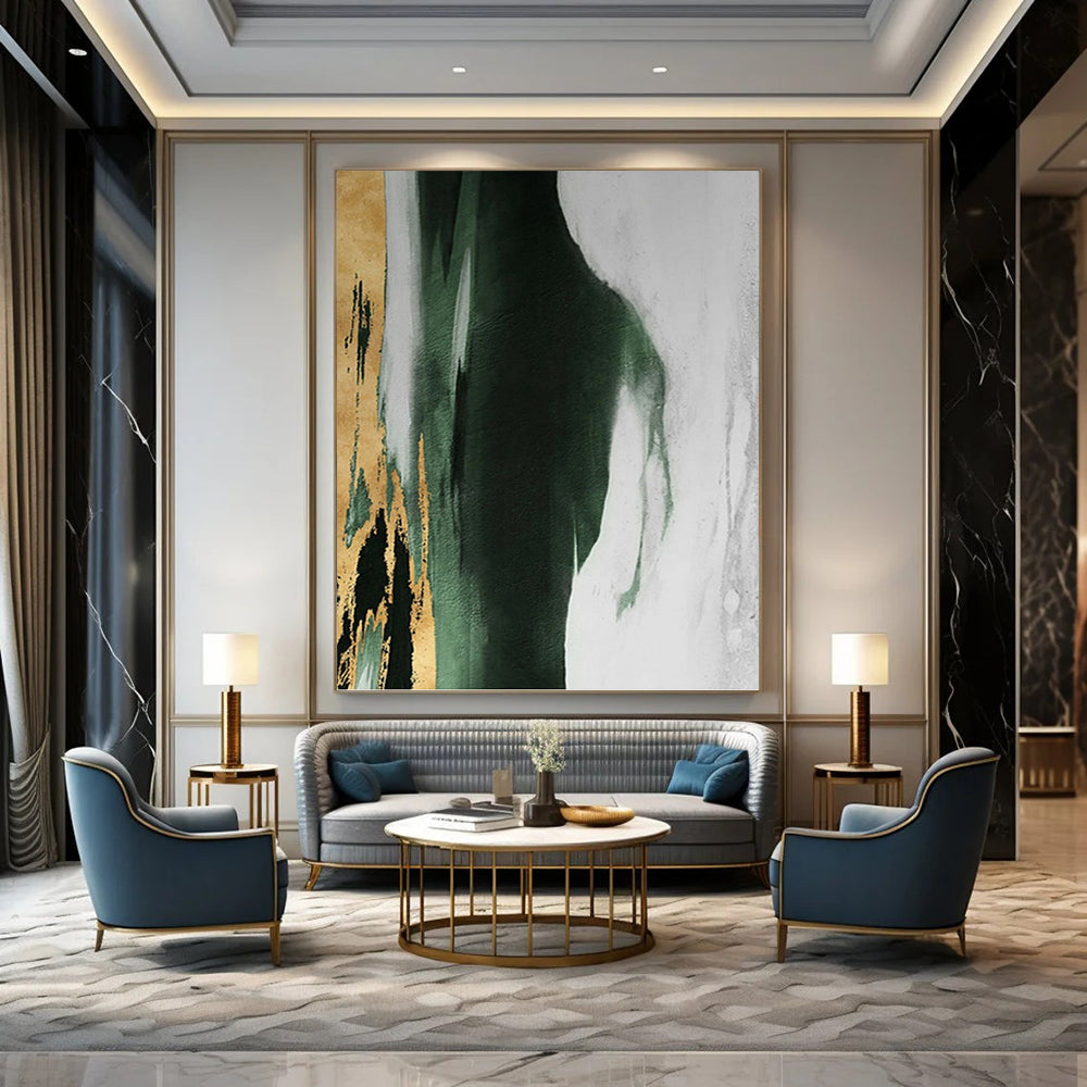 “Gold, Green & White Abstract” - Gold, Green, White & Black Abstract Painting On Canvas DKH1204