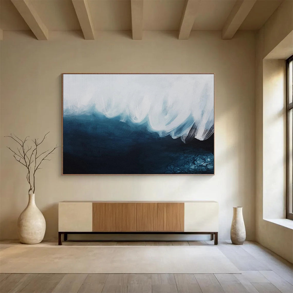 Monochromatic Abstract Wave - Shades of Blue and White Painting On Canvas DKH039